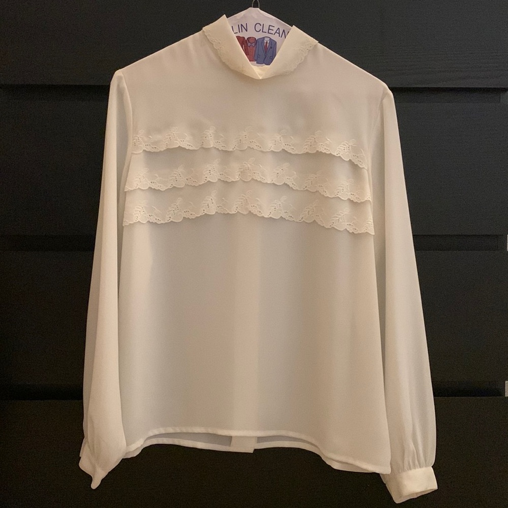 Vintage White Ruffle Botton Down Blouse with Back Botton Closure, Size M